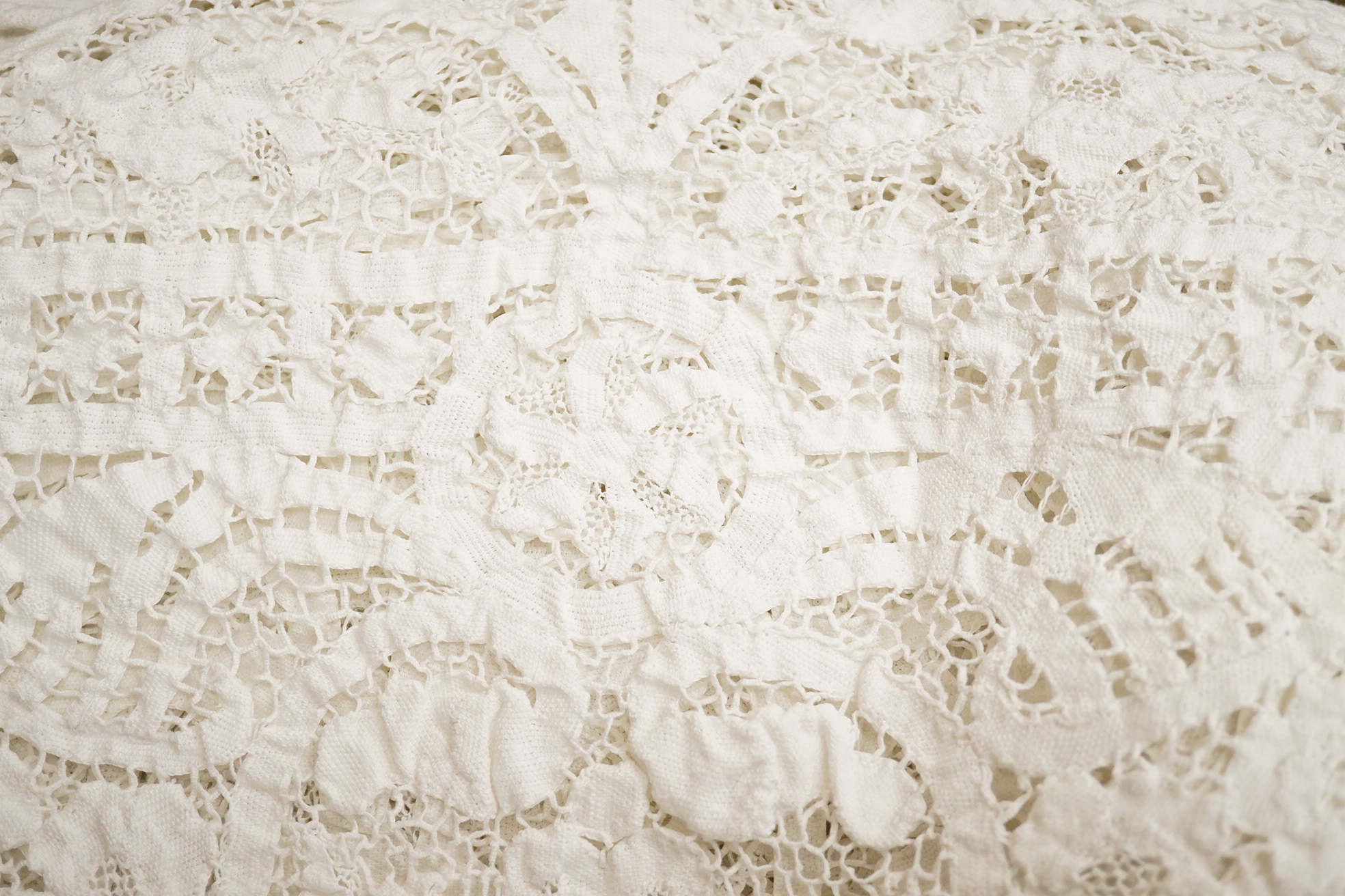 Two ornately designed tape lace bed covers, white cover 152cm x 236cm, beige cover 176cm x 364cm